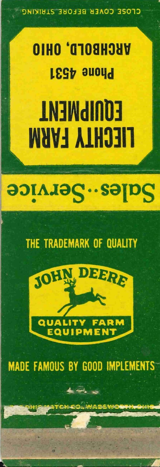 John Deere Matchbook Cover QFE Liechty Farm Equipment Archbold Ohio