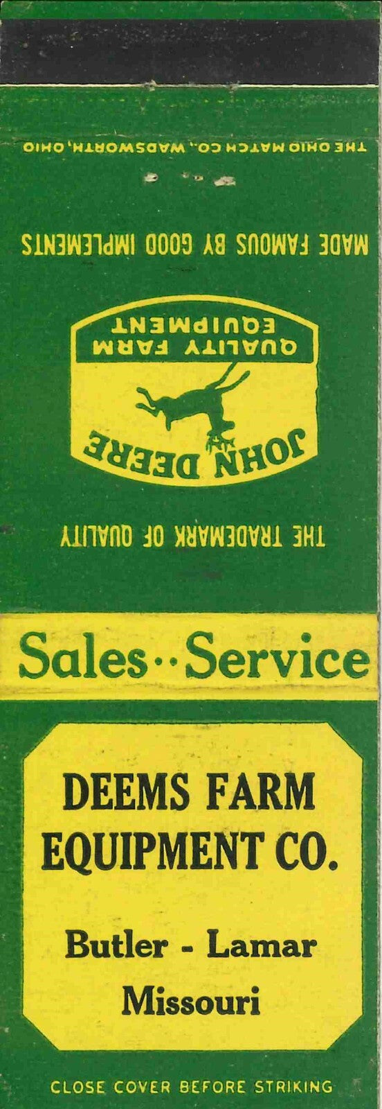 John Deere Matchbook Cover QFE Deems Farm Equipment Butler Lamar Missouri