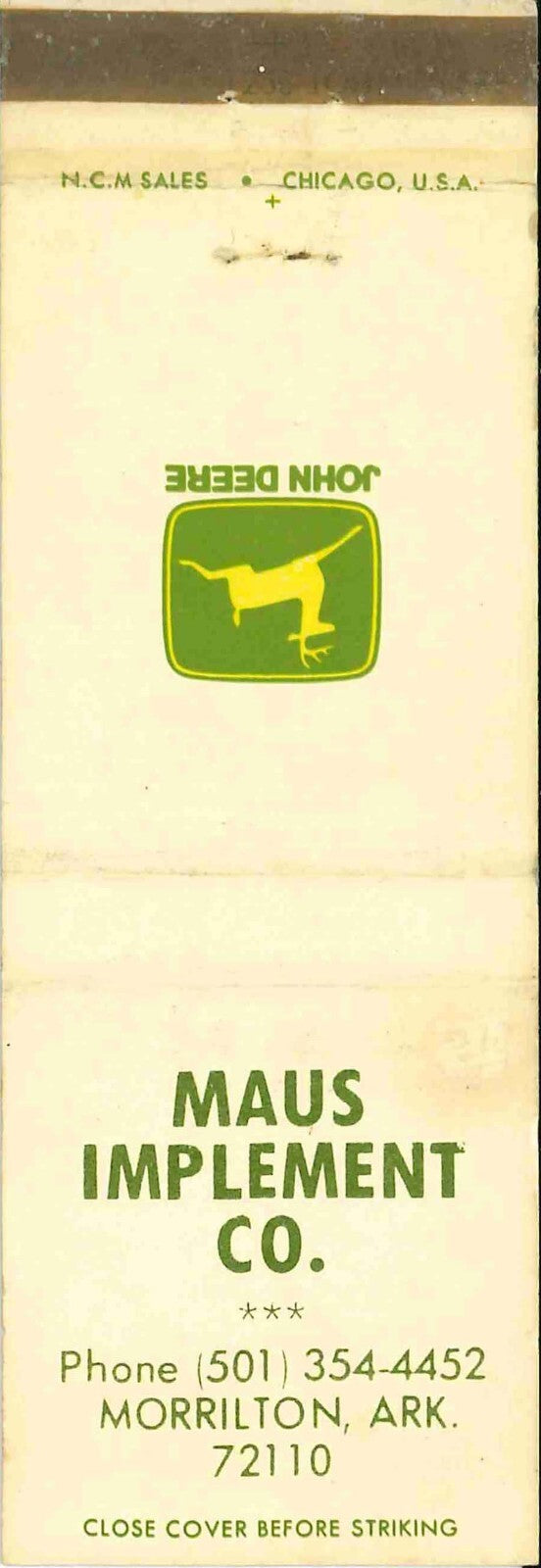 John Deere Matchbook Cover 2 Leg Maus Imp Co Morrilton ARK