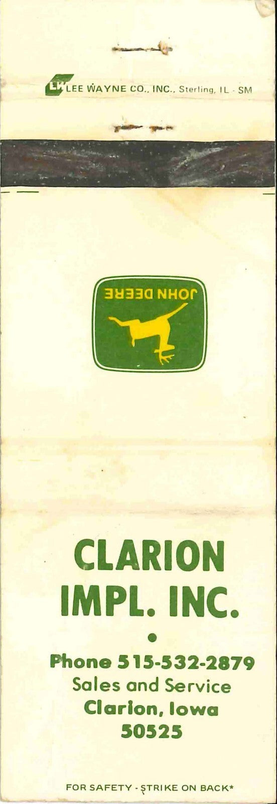 John Deere Matchbook Cover Clarion Imp Inc Clarion IA