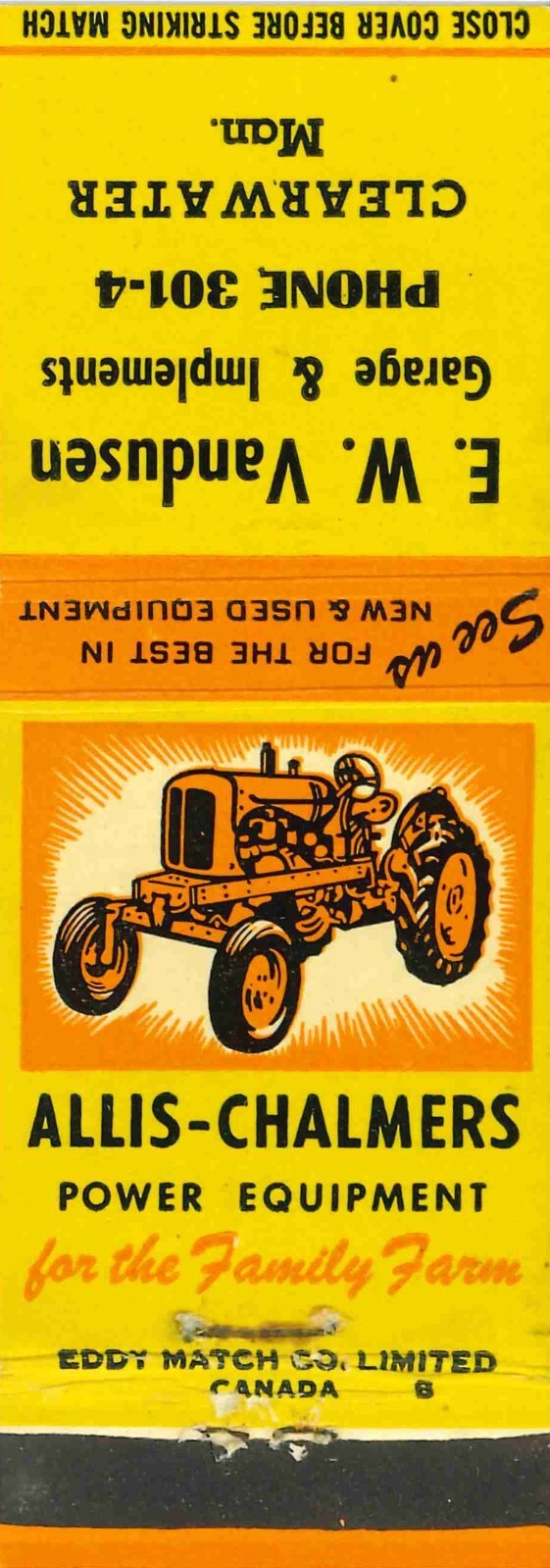 Matchbook Cover Allis Chalmers Tractor WD E W Vandusen Clearwater Manitoba