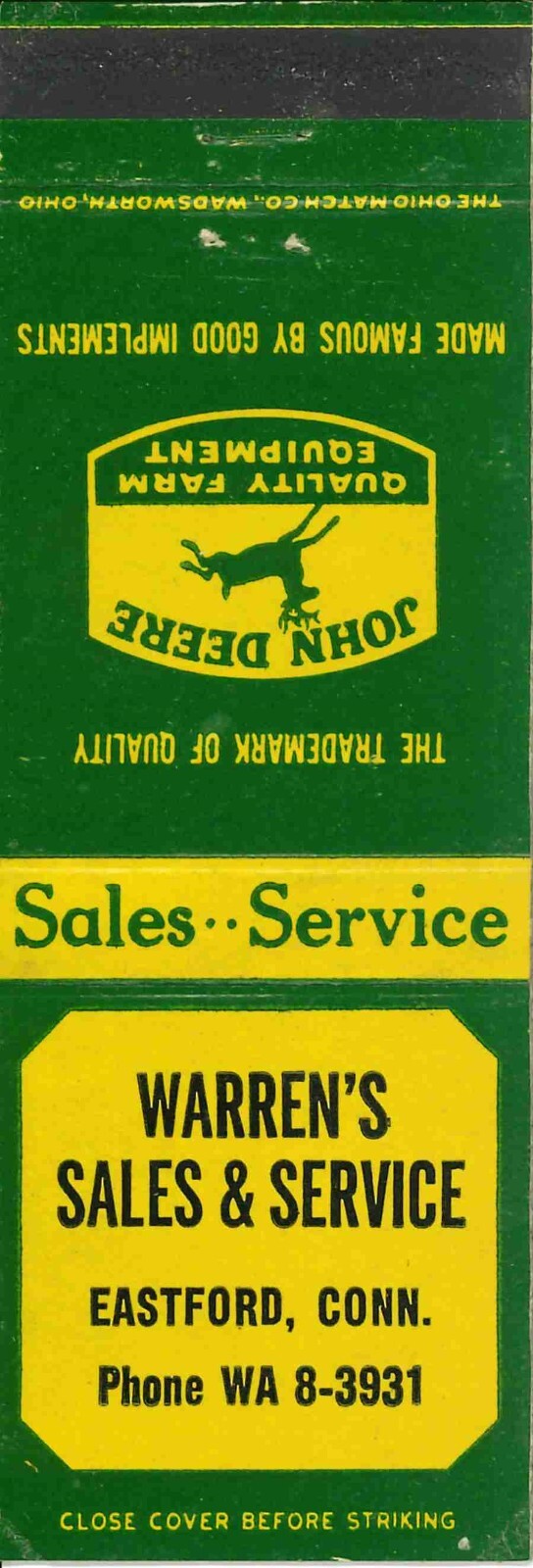 John Deere Matchbook Cover QFE Warrens Sales & Service Eastford Connecticut