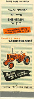 Matchbook Cover Allis Chalmers L & M Implement Jewell Iowa