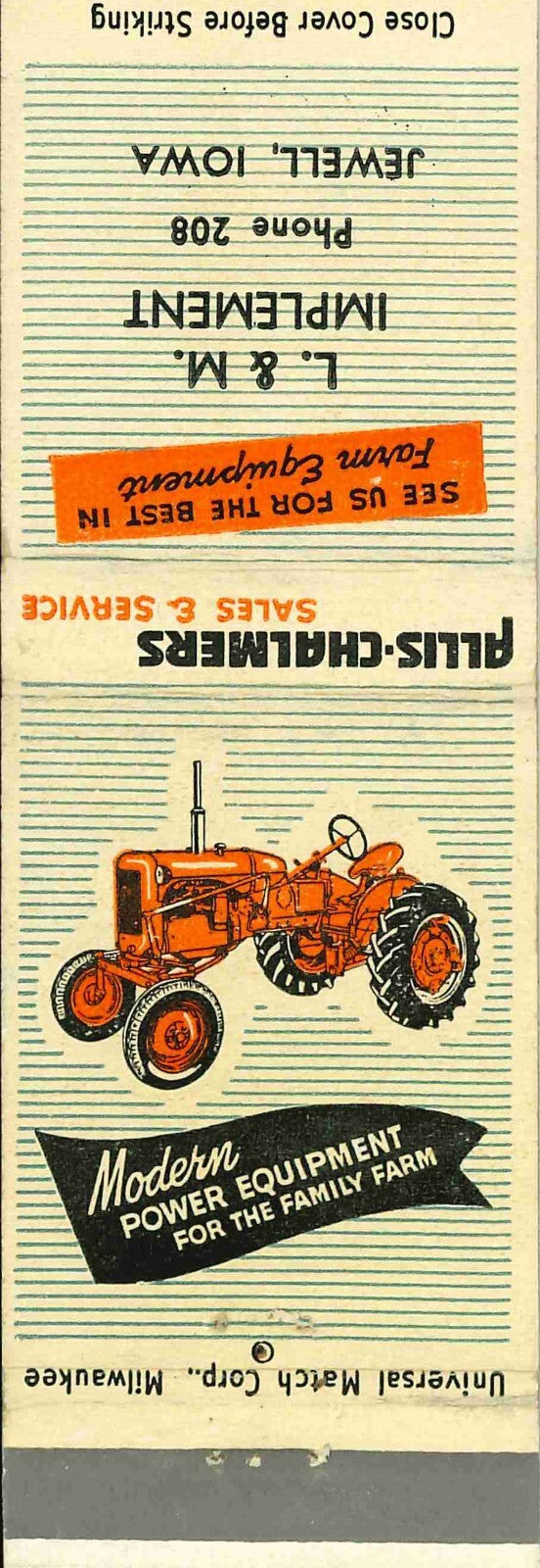 Matchbook Cover Allis Chalmers L & M Implement Jewell Iowa