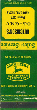 John Deere Matchbook Cover QFE Hutchisons Paducah Texas Olds GMC