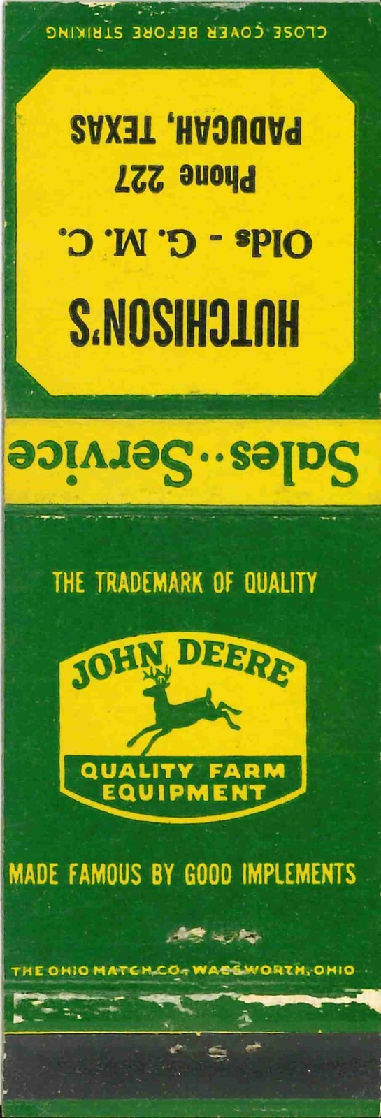 John Deere Matchbook Cover QFE Hutchisons Paducah Texas Olds GMC