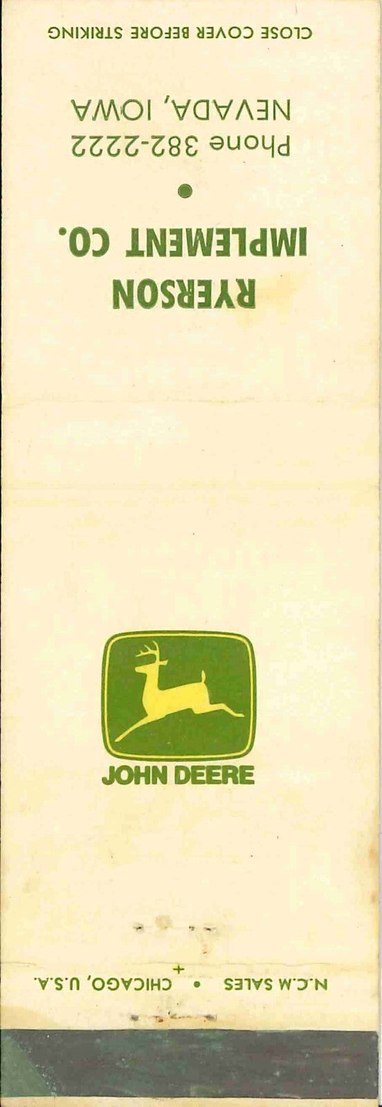 John Deere Matchbook Cover 2 Leg Ryerson Imp CO Nevada IA
