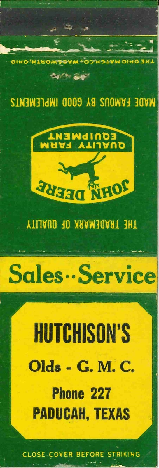 John Deere Matchbook Cover QFE Hutchisons Paducah Texas Olds GMC