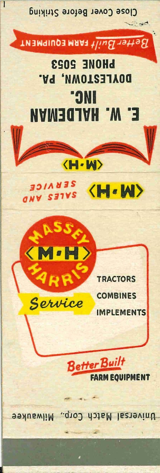 Matchbook Cover Massey Harris E W Haldeman Doylestown Pennsylvania