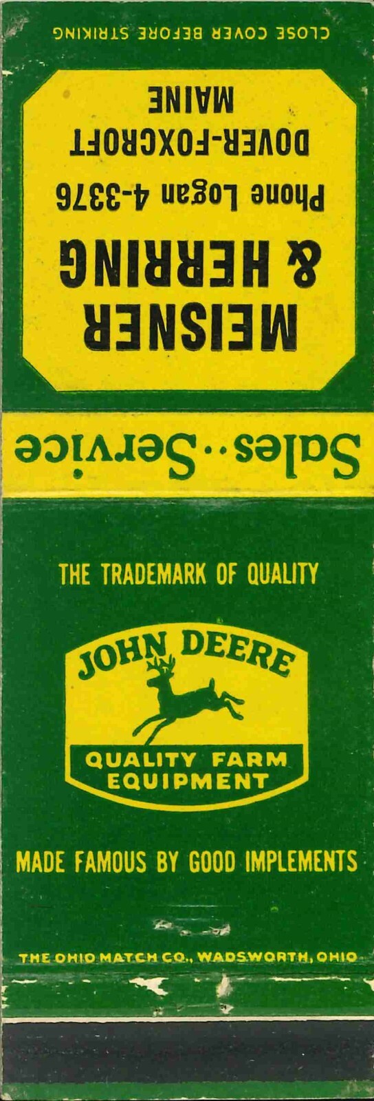 John Deere Matchbook Cover QFE Meisner & Herring Dover Foxcroft Maine 