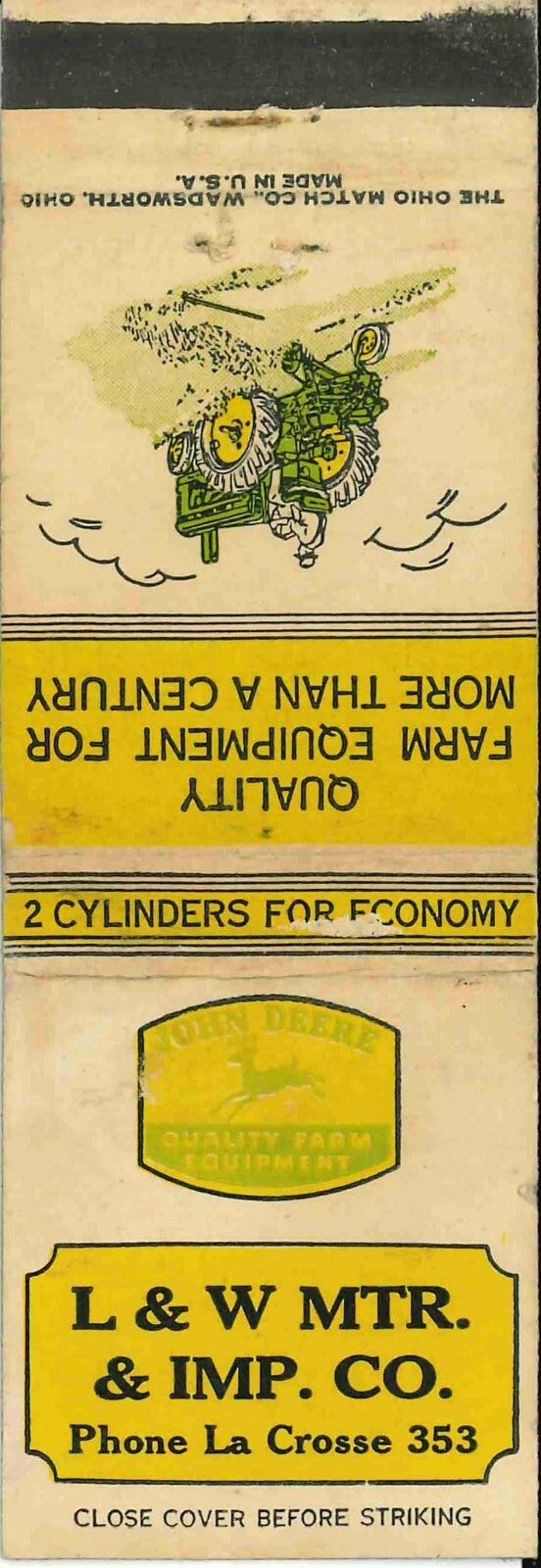 John Deere Matchbook Cover A w/ Mower L W Imp Co La Crosse