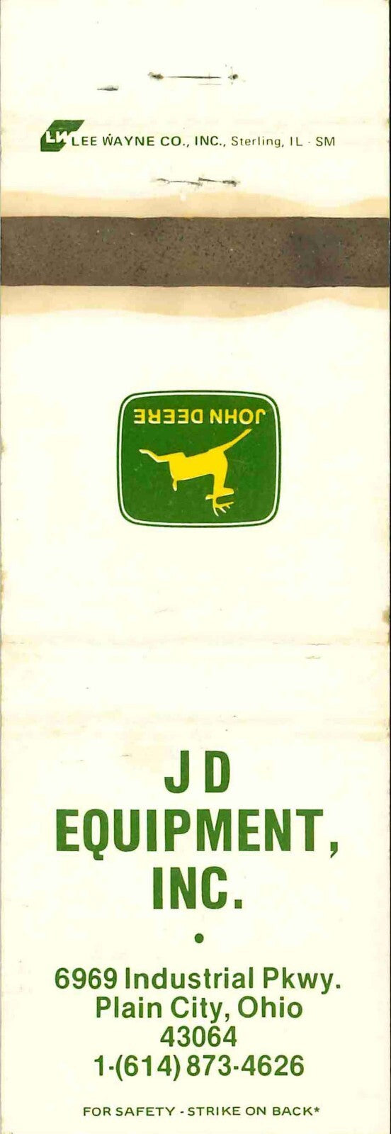 John Deere Matchbook Cover 2 Leg J D Equipment Plain City OH
