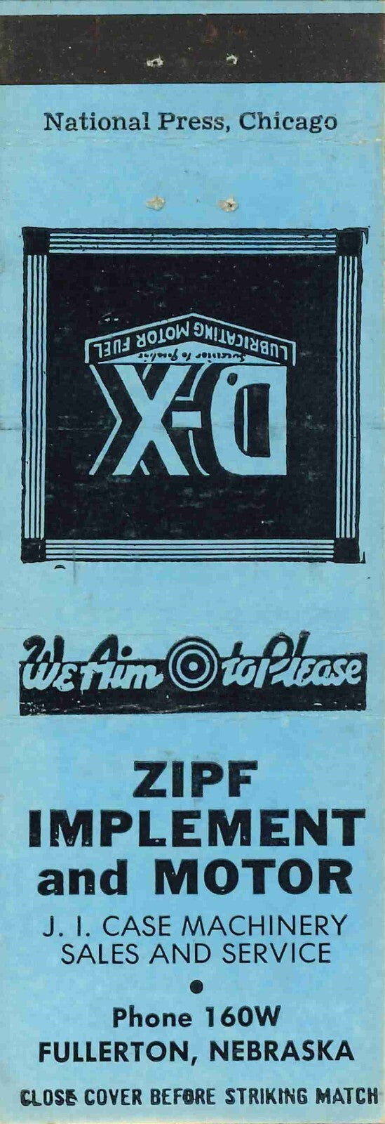 Matchbook Cover D X Motor Fuel J I Case Zipf Implement Co Fullerton Nebraska