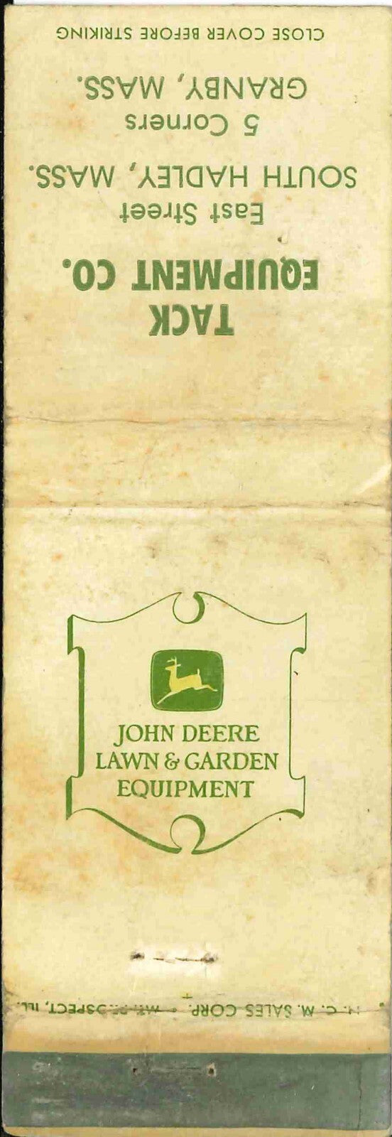 John Deere Matchbook Cover 2 Leg Lawn & Garden Tack Equipment Granby MASS