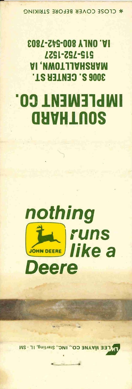 John Deere Matchbook Cover 2 Leg Southard Implement Marshalltown IA