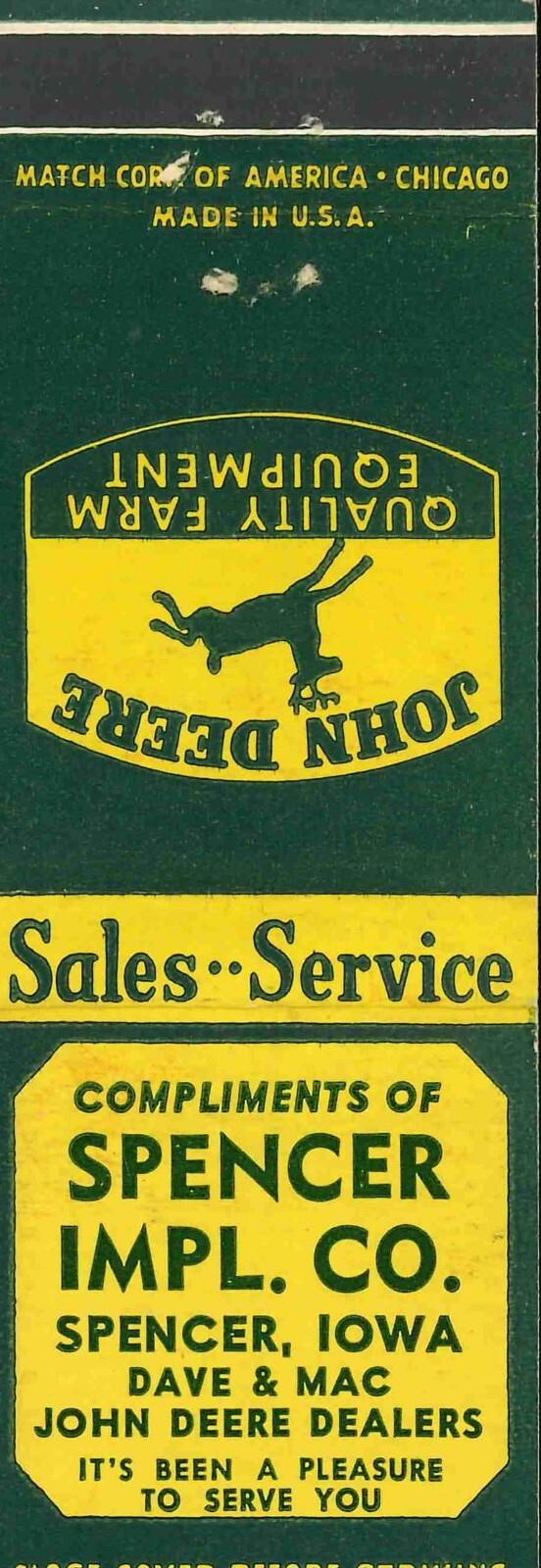 John Deere Matchbook Cover Spencer Imp Co Spencer IA