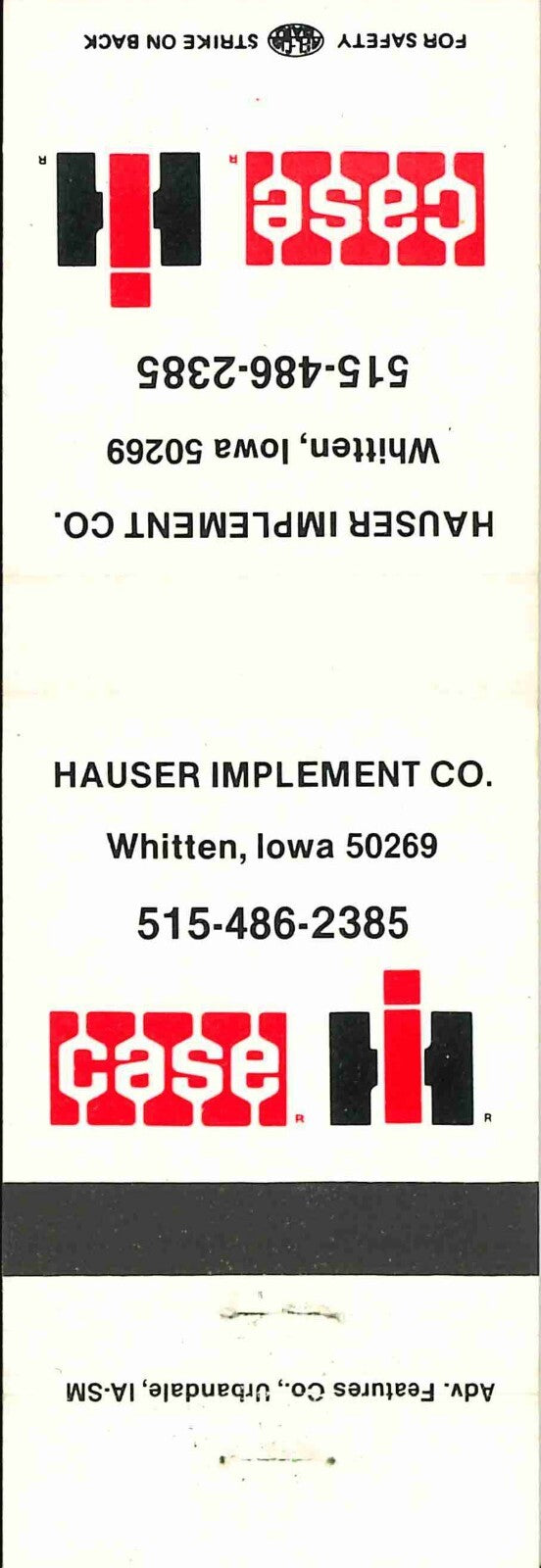 Matchbook Cover Case IH Hauser Imp Co Whitten Iowa