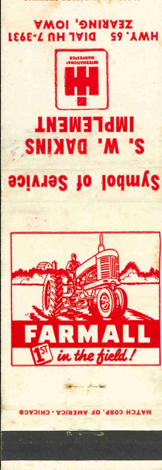 Matchbook Cover Farmall S W Dakins Zearing Iowa