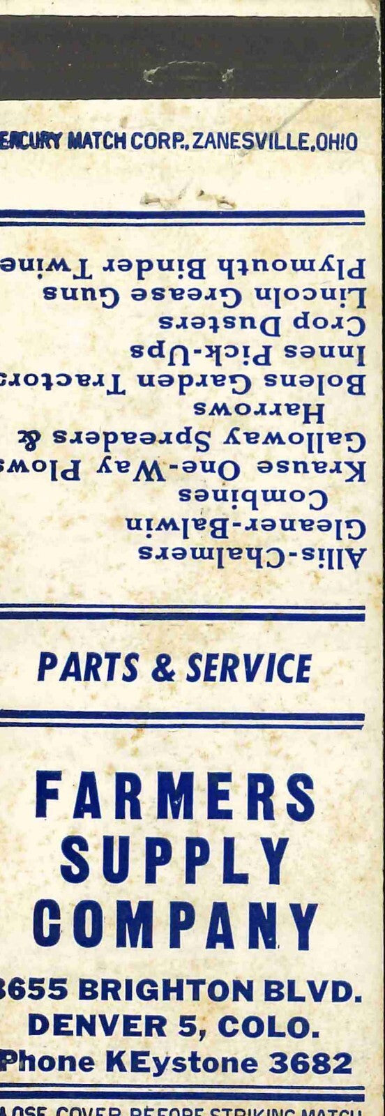 Matchbook Cover Allis Chalmers Gleaner Krause  Farmers Supply Co Denver Colorado