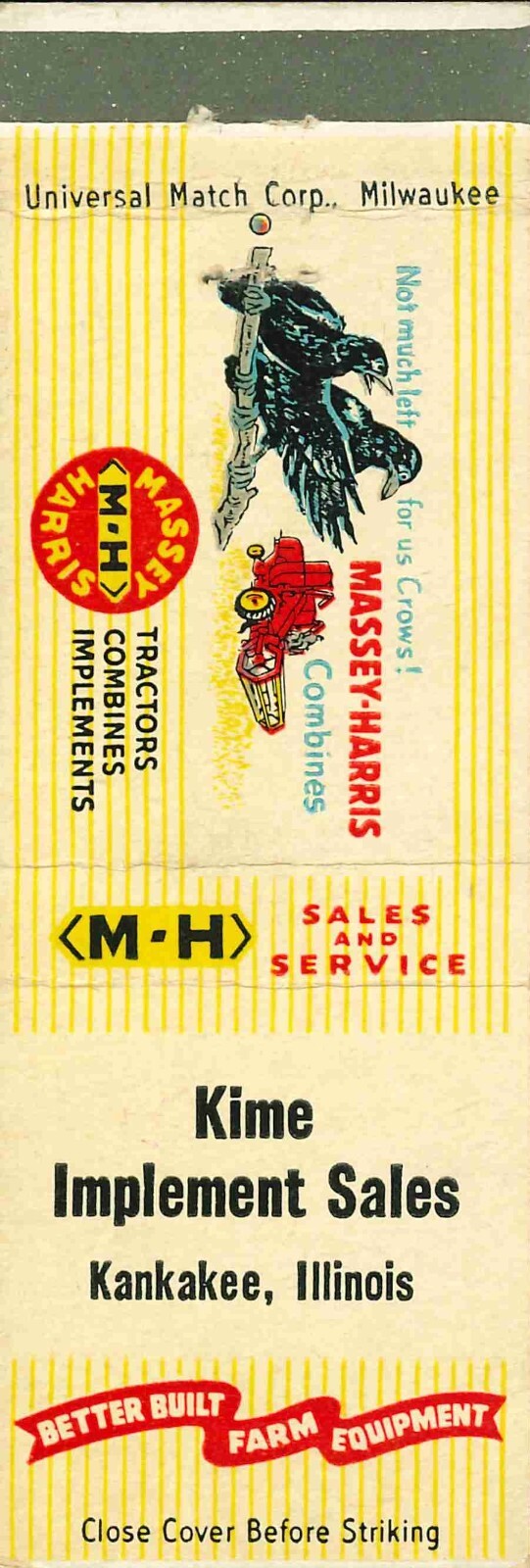 Matchbook Cover Massey Harris Combines Kime Implement Sales Kankakee Illinois