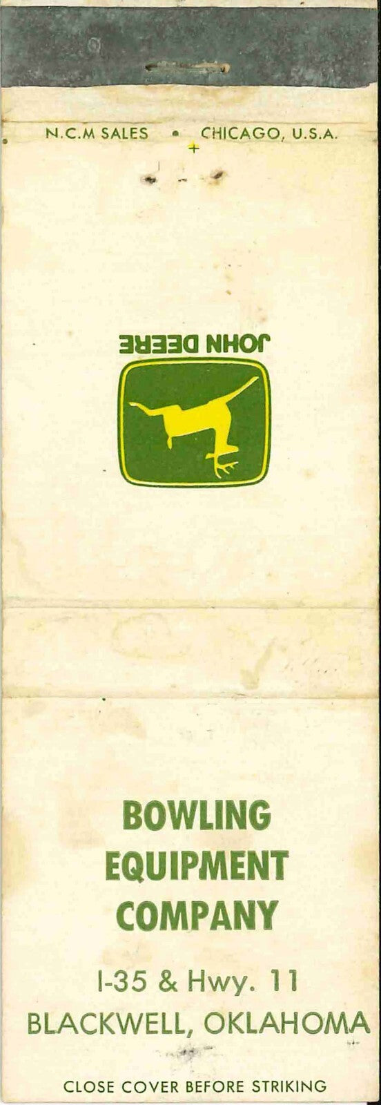 John Deere Matchbook Cover 2 Leg Bowling Equip Co Blackwell OK