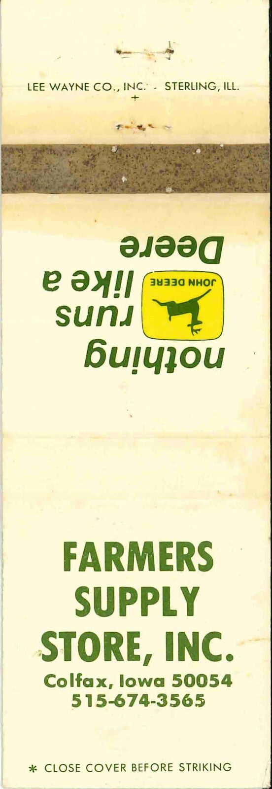 John Deere Matchbook Cover 2 Leg Farmers Supply Store Caolfax IA
