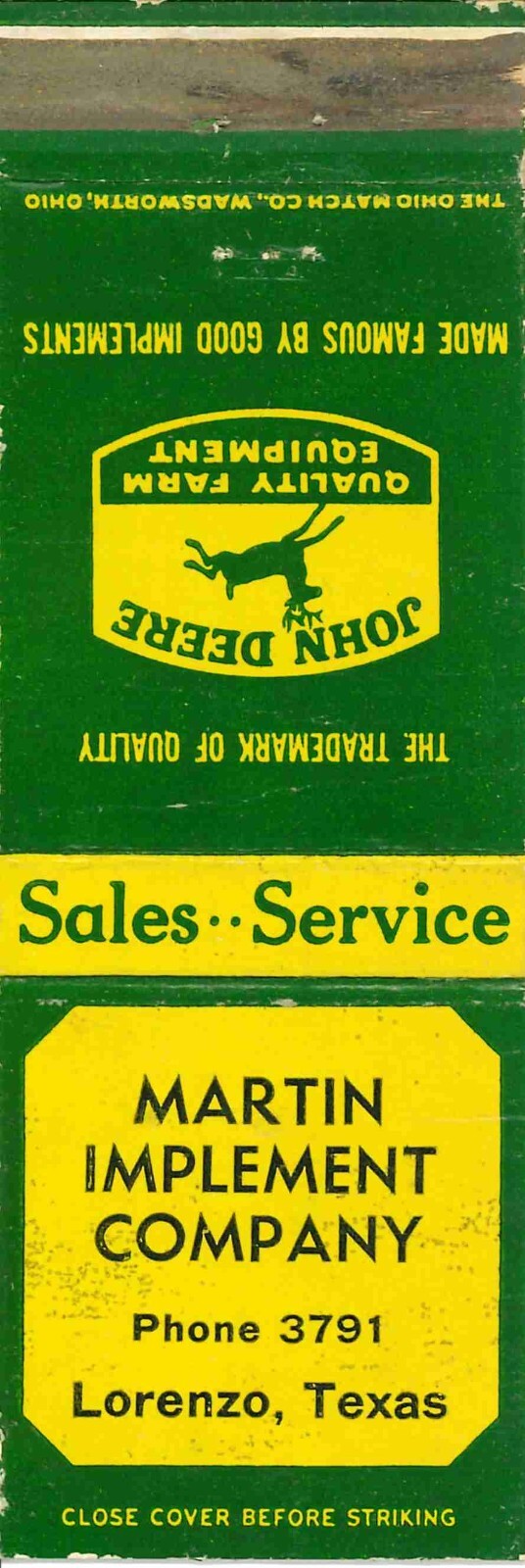 John Deere Matchbook Cover QFE Martin Implement Company Lorenzo Texas