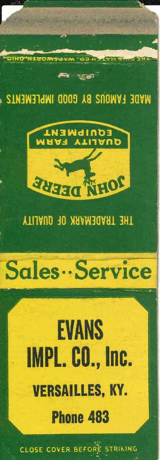 John Deere Matchbook Cover QFE Evans Impl Co Inc Versailles Kentucky