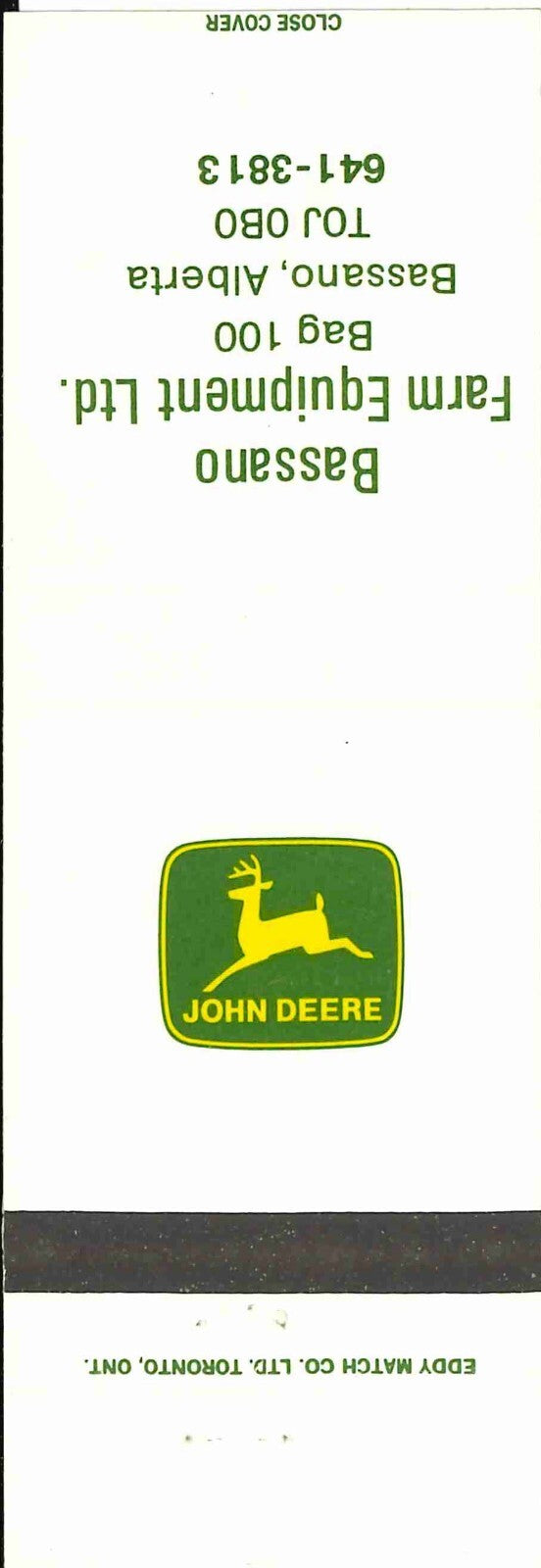 John Deere Matchbook Cover 2 Leg Bassano Farm Equipment Bassano Alberta