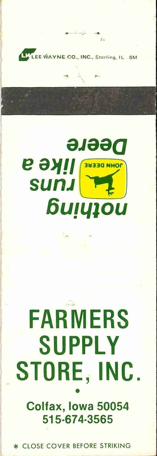 John Deere Matchbook Cover 2 Leg Farmers Supply Store Caolfax IA