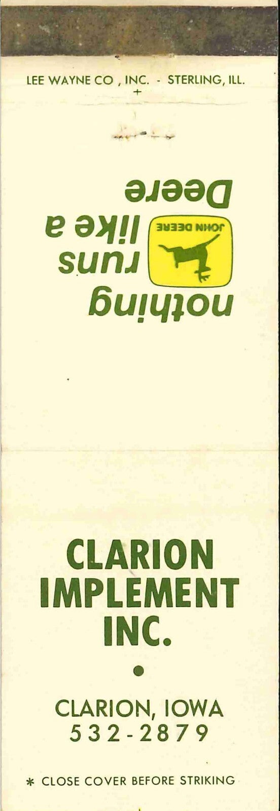 John Deere Matchbook Cover 2 Leg Clarion Imp Inc Clarion IA