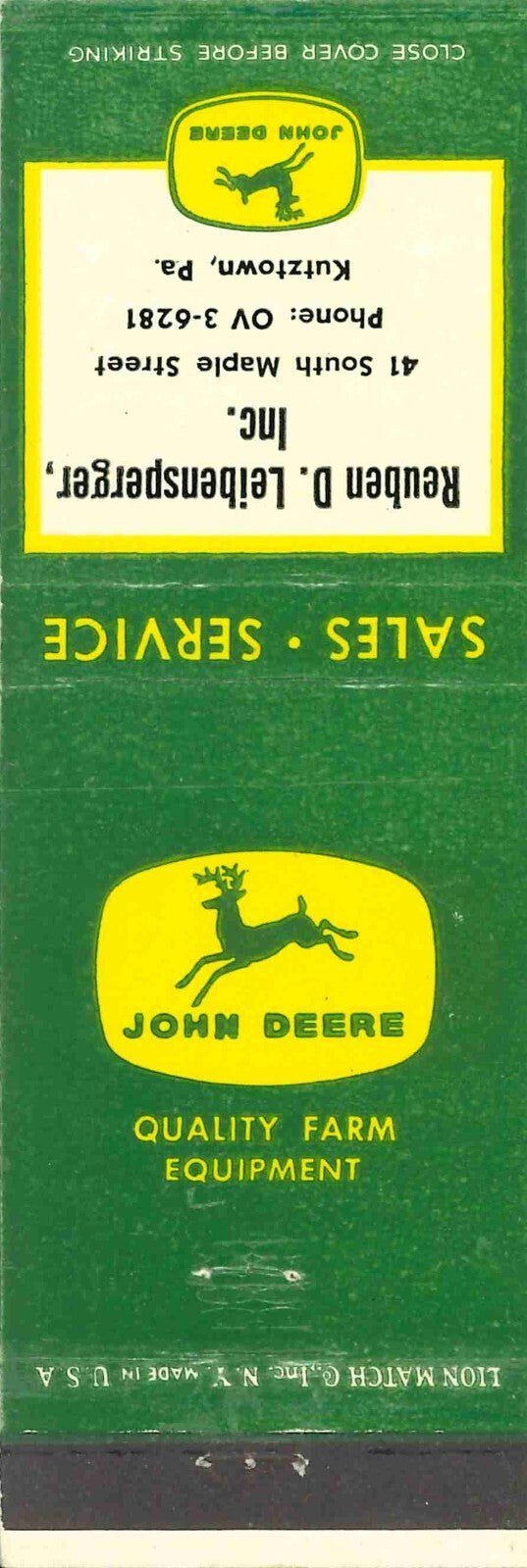 John Deere Matchbook 4 Leg Reuben D Leibensperger Kutztown Pa