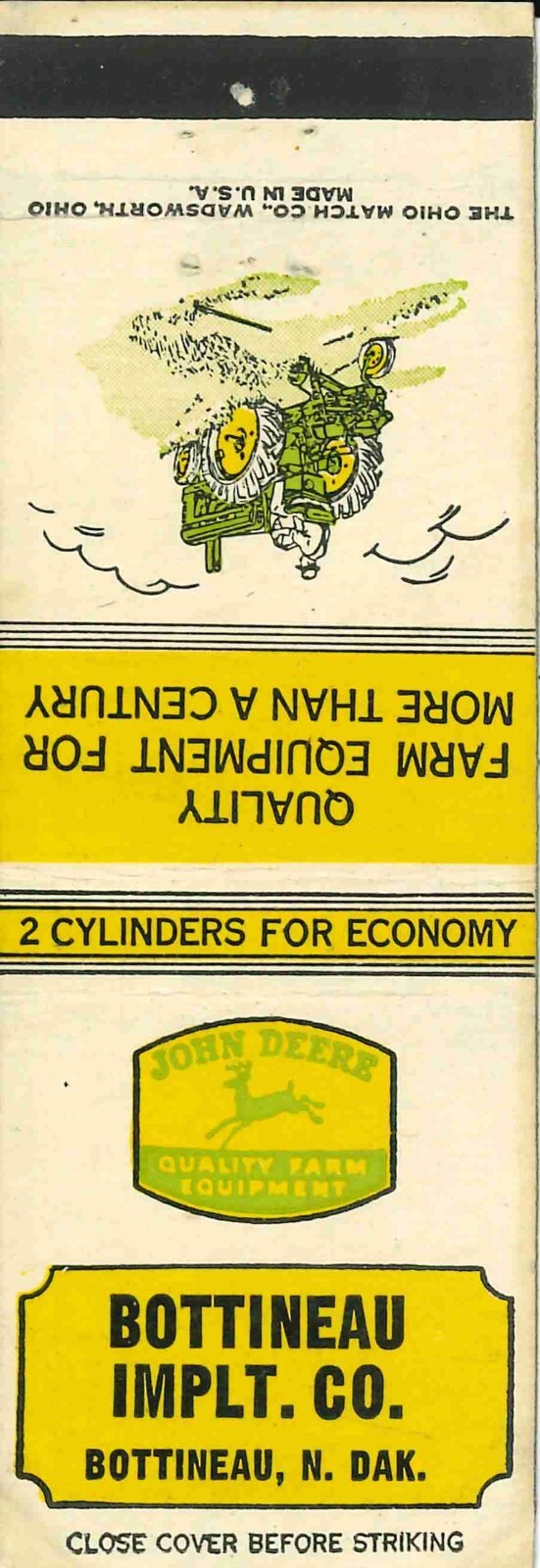 John Deere Matchbook Cover A w/ Mower Bottineau IMPLT CO North Dakota