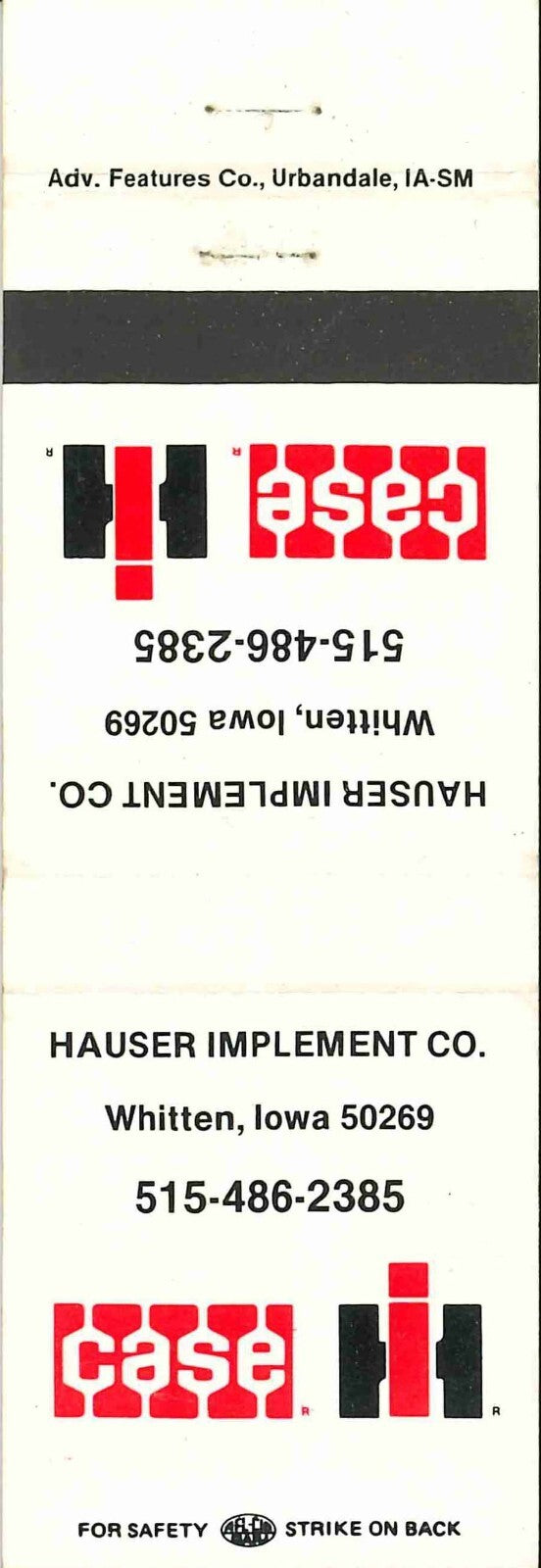 Matchbook Cover Case IH Hauser Imp Co Whitten Iowa