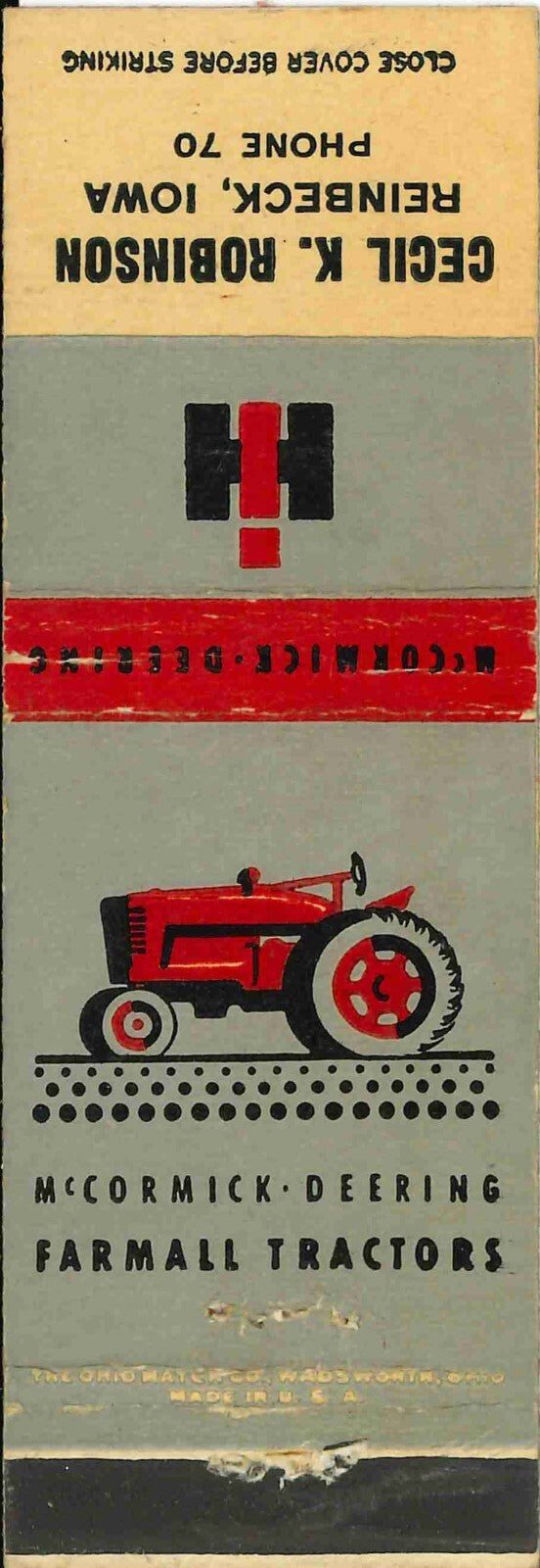 Matchbook Cover Farmall IH Cecil Robinson Reinbeck Iowa