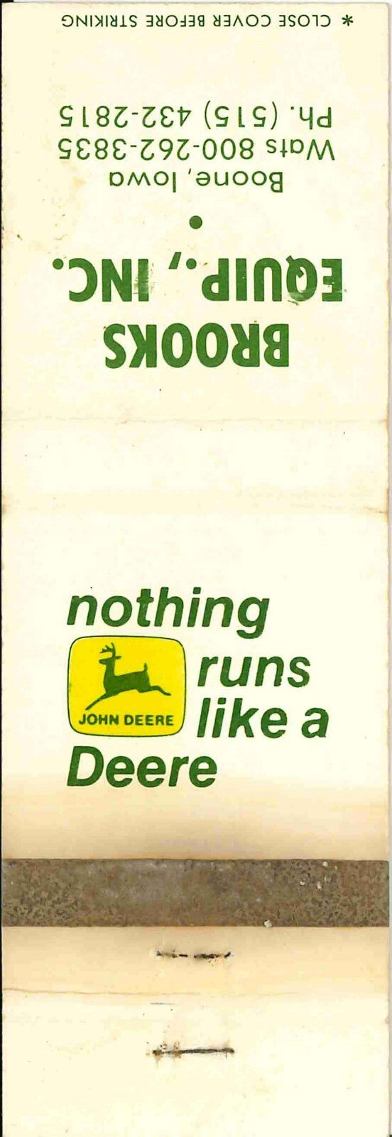 John Deere Matchbook Cover 2 Leg Brooks Equip Boone IA