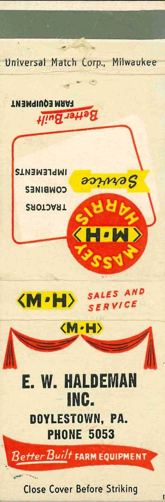 Matchbook Cover Massey Harris E W Haldeman Doylestown Pennsylvania