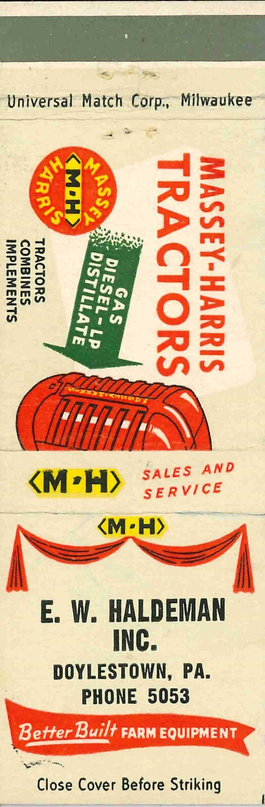 Matchbook Cover Massey Harris Tractors E W Haldeman Doylestown Pennsylvania