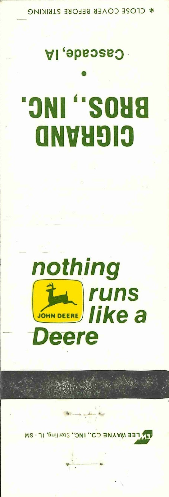 John Deere Matchbook Cover 2 Leg Cigrand Bros Cascade IA