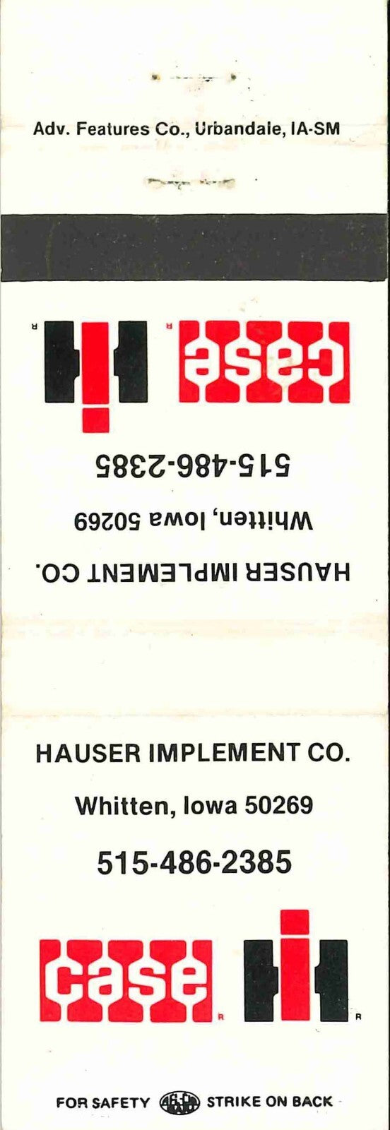 Matchbook Cover Case IH Hauser Imp Co Whitten Iowa
