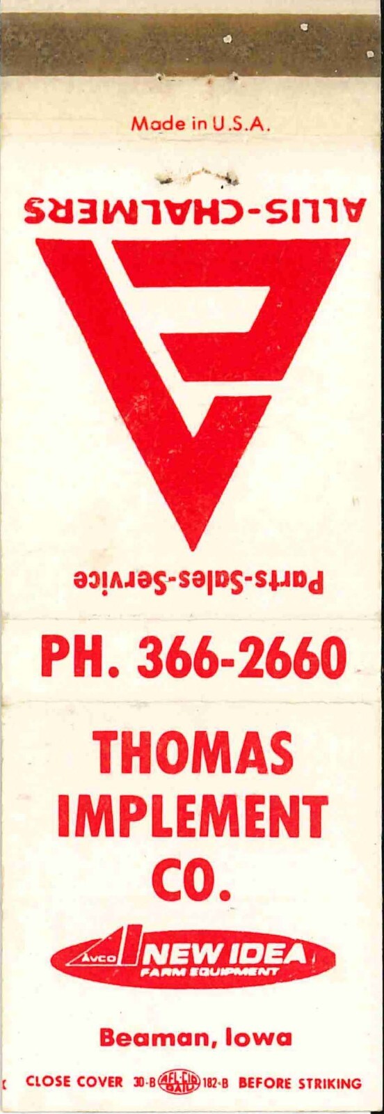 Matchbook Cover Allis Chalmers New Idea Thomas Imp Co Beaman Iowa