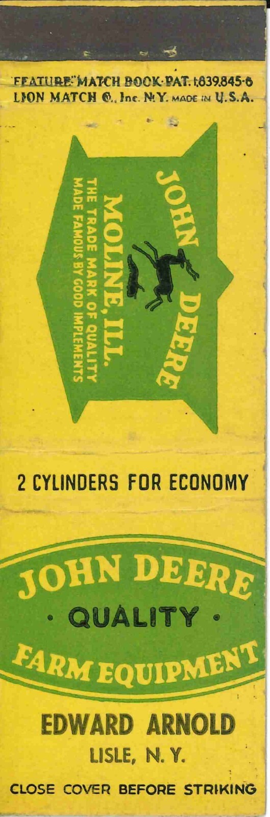 John Deere Matchbook Cover QFE Edward Arnold Lisle New York
