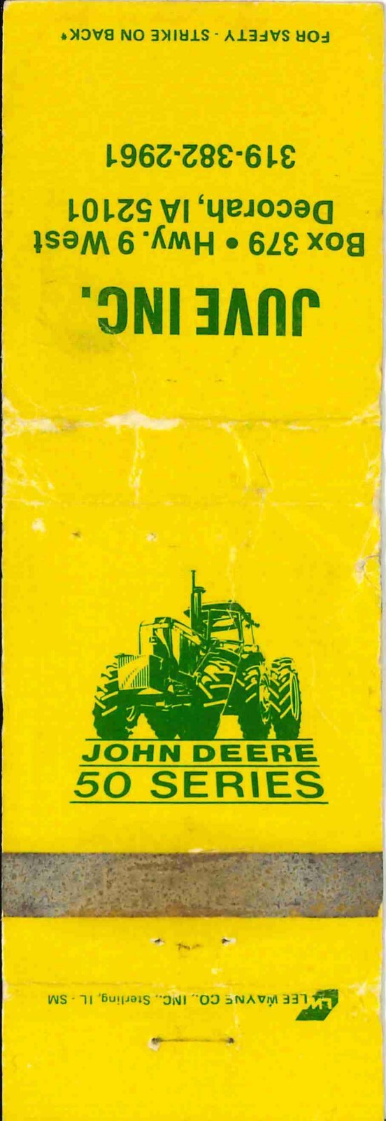 John Deere Matchbook Cover 50 Series Juve Inc Decorah IA
