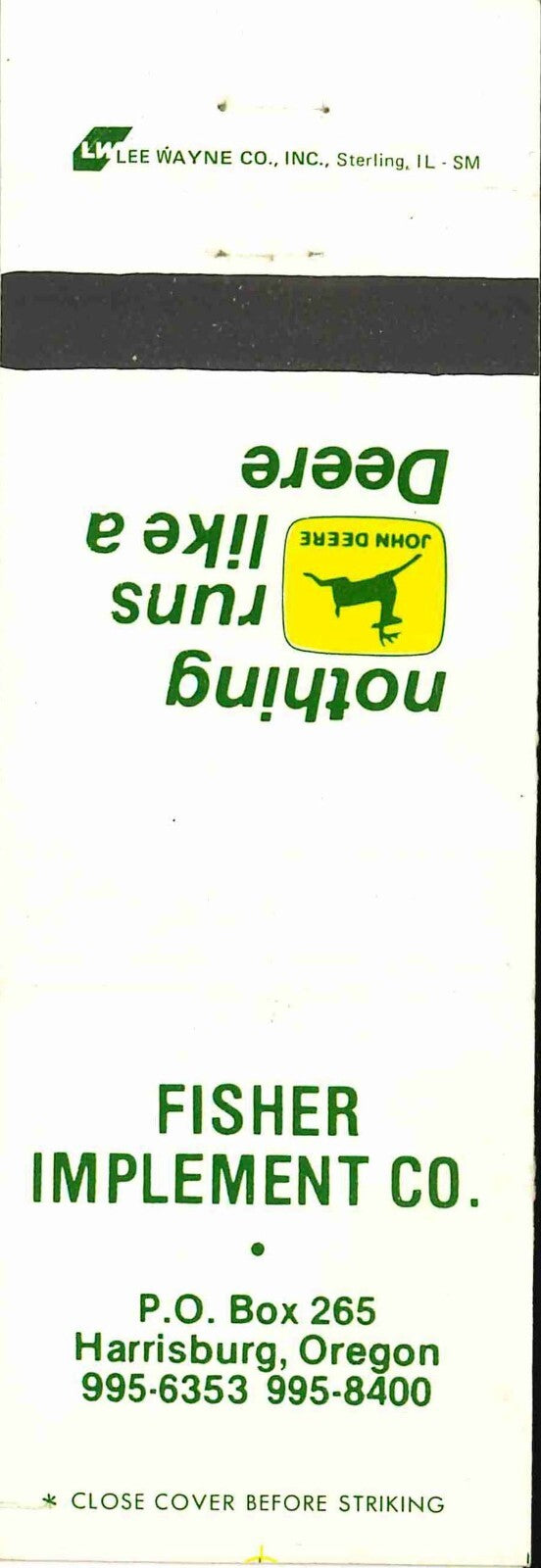 John Deere Matchbook Cover 2 Leg Fisher Imp Harrisburg OR