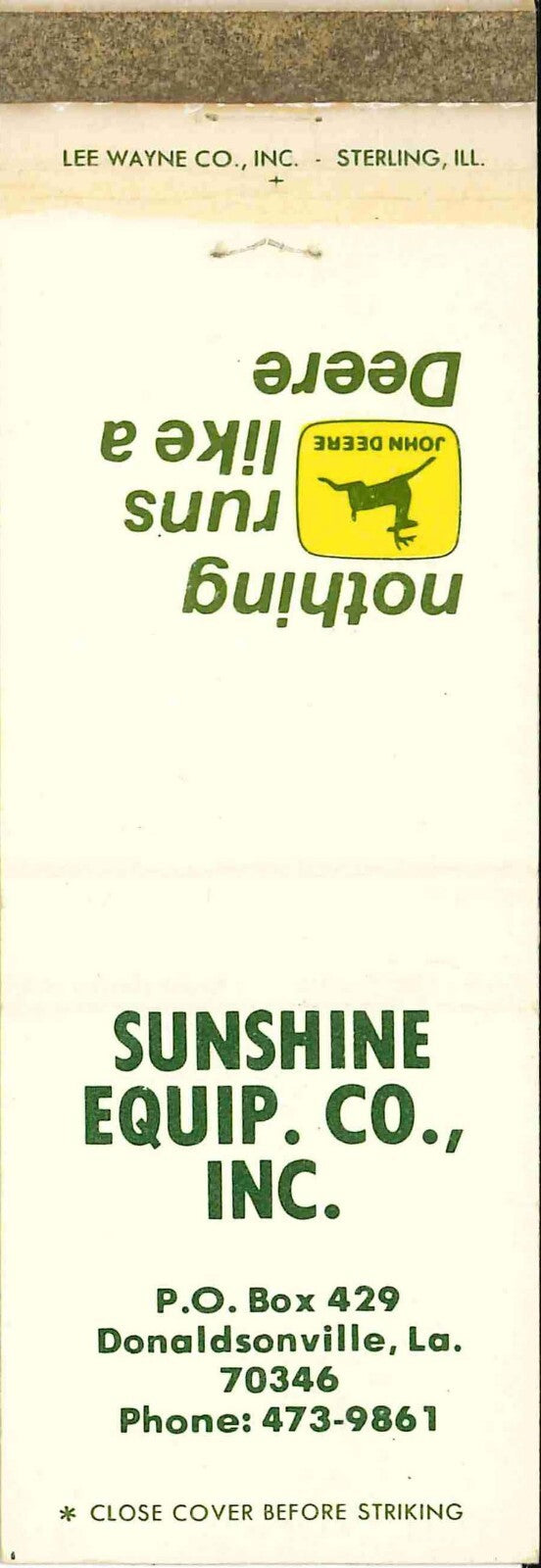 John Deere Matchbook Cover 2 Leg Sunshine Equip Co Donaldsonville LA
