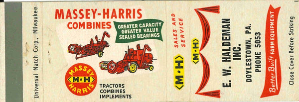 Matchbook Cover Massey Harris Combines E W Haldeman Doylestown Pennsylvania