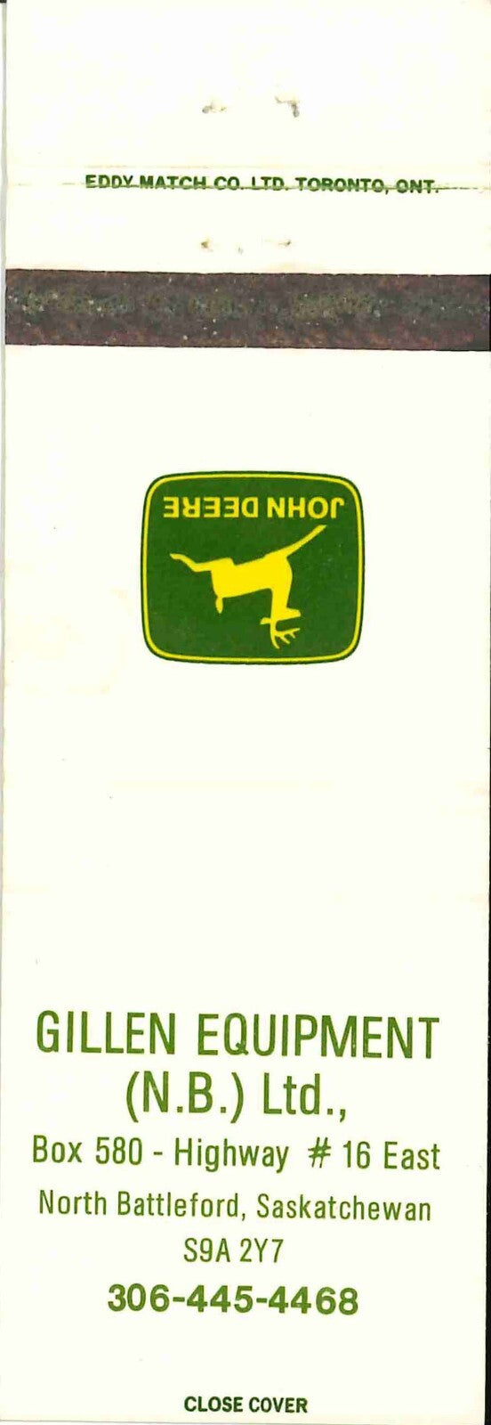 John Deere Matchbook Cover Gille Equipment Battleford Sask