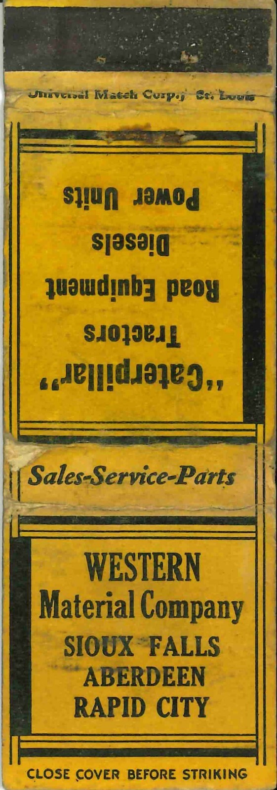 Matchbook Cover Caterpillar Western Material Co Sioux Falls South Dakota