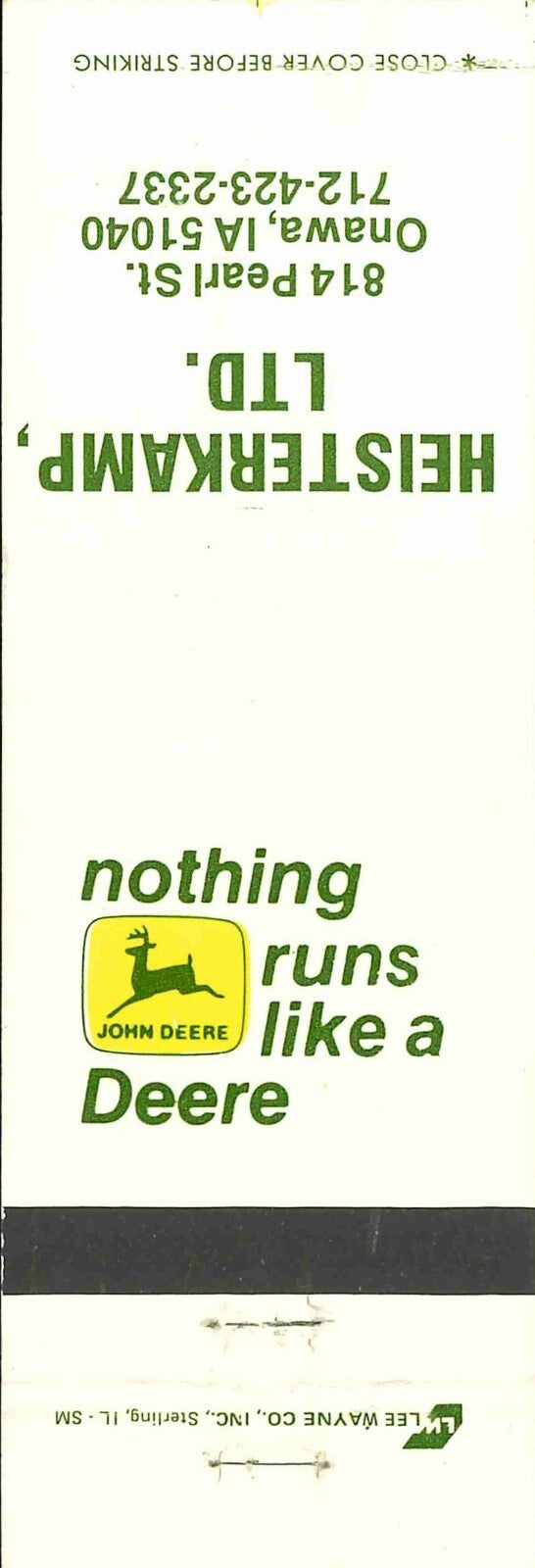 John Deere Matchbook Cover 2 Leg Heisterkamp Ltd Onawa IA