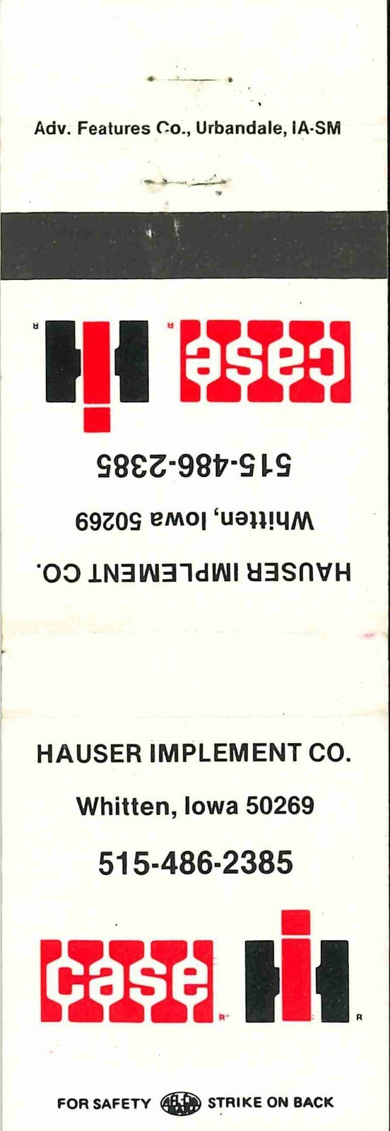 Matchbook Cover Case IH Hauser Imp Co Whitten Iowa